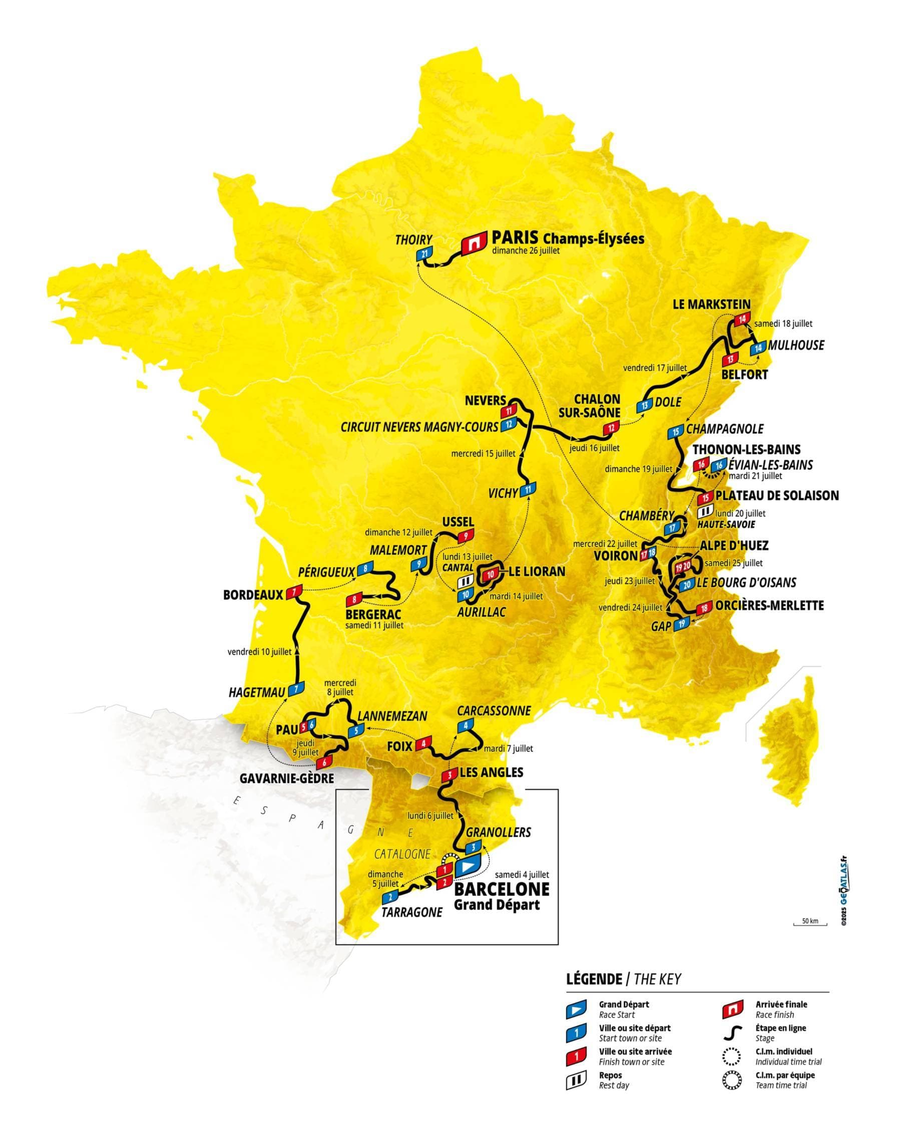 Tour de France 2026 — Overzichtskaart met alle etappes van Barcelona tot Parijs